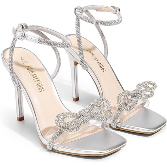 Women's Double Bowknots Silver Sandals Clear Slingback Heels Square Toe Shoes - Picture 2 of 6